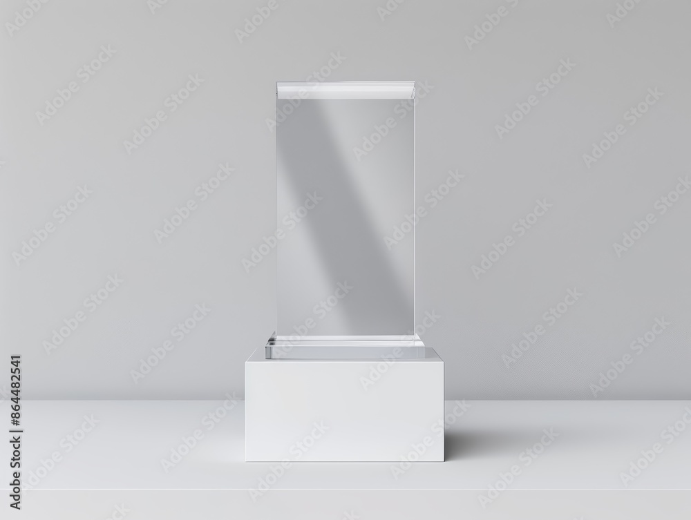 Crystal clear acrylic podium with a neutral gray background, designed for high-profile presentations, educational lectures, or business speeches, emphasizing clarity and elegance Crystal clear acrylic podium with a neutral gray background, designed for high-profile presentations, educational lectures, or business speeches, emphasizing clarity and elegance