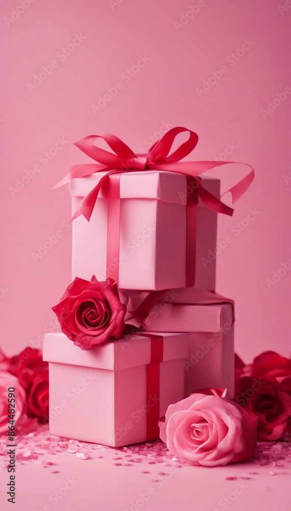Pink gift boxes with red ribbon bow roses flowers confetti on pastel pink background Happy Valentine Pink gift boxes with red ribbon bow roses flowers confetti on pastel pink background Happy Valentine