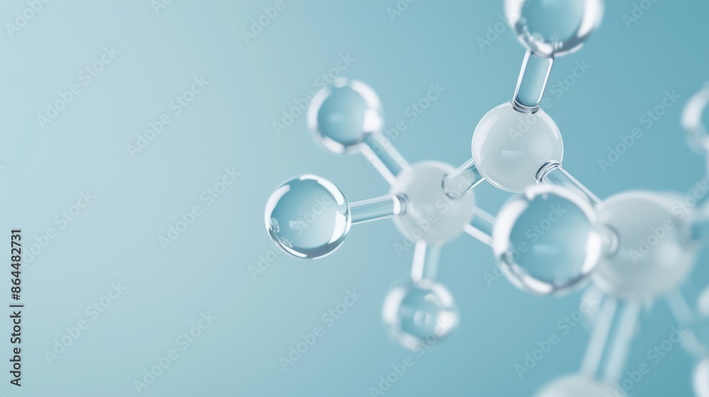 Detailed molecular model, metallic spheres representing atoms connected by bonds, set against a blue scientific background, symbolizing chemistry and research Detailed molecular model, metallic spheres representing atoms connected by bonds, set against a blue scientific background, symbolizing chemistry and research