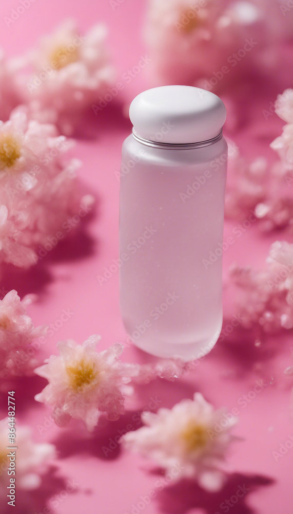 Jade stone face roller gua sha face cream lotion on pink background with ice cubes and frozen flower Jade stone face roller gua sha face cream lotion on pink background with ice cubes and frozen flower