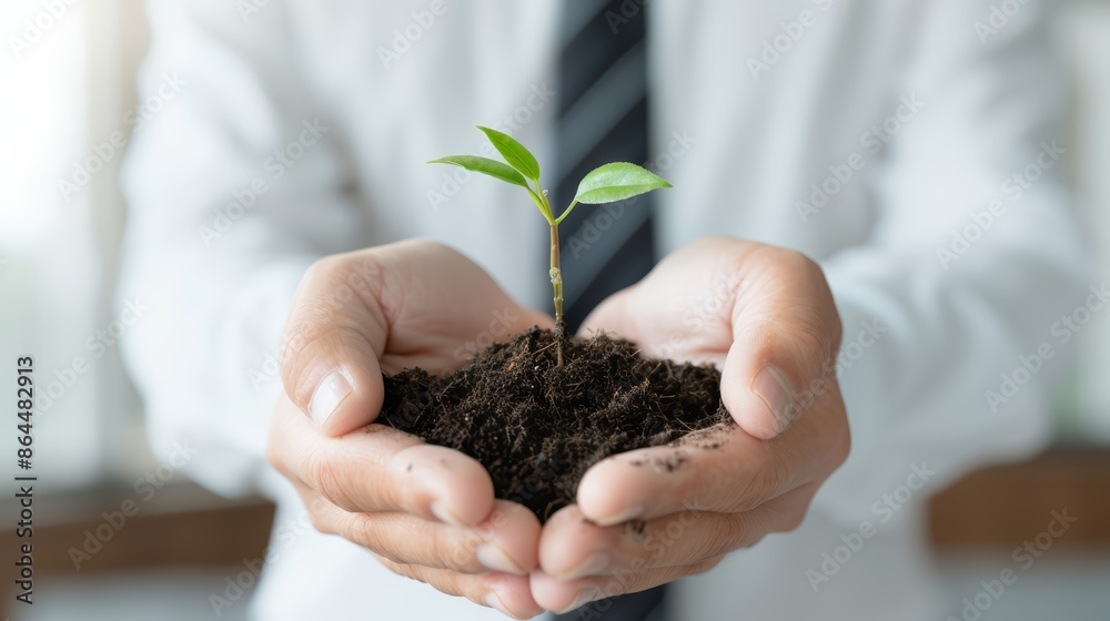 Elegant businessman presenting a young plant with soil in his hands, urban setting blurred in the background, symbolizing growth and environmental care Elegant businessman presenting a young plant with soil in his hands, urban setting blurred in the background, symbolizing growth and environmental care