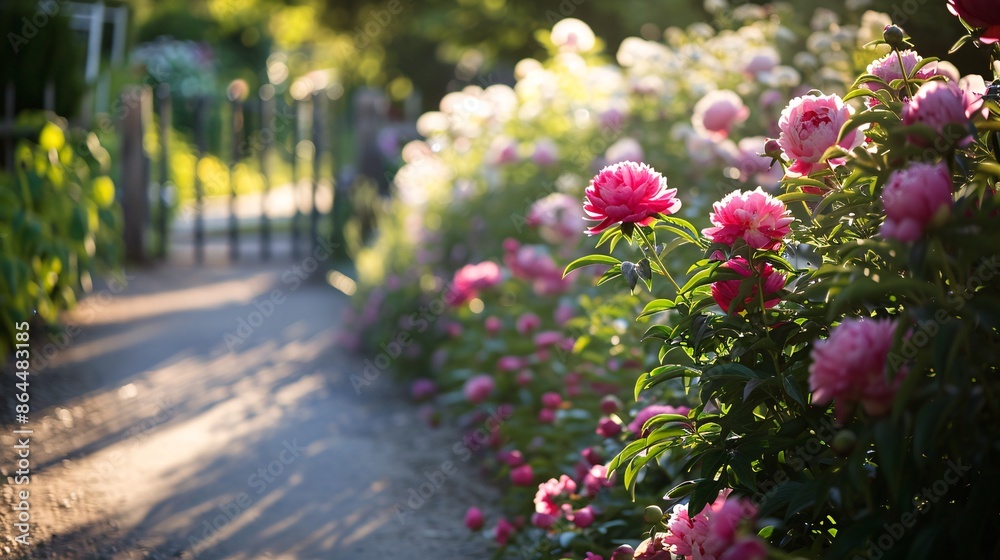 Obraz premium Sunlit Garden Path Lined with Blooming Pink Peonies on a Warm Summer Day