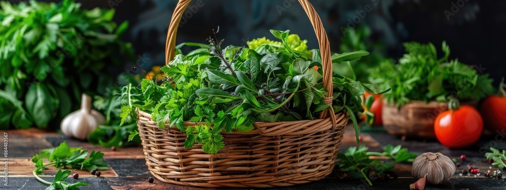 greens in a wicker basket. Selective focus greens in a wicker basket. Selective focus