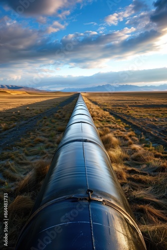Renewable energy pipeline for clean electricity production in an open field and near mountains.