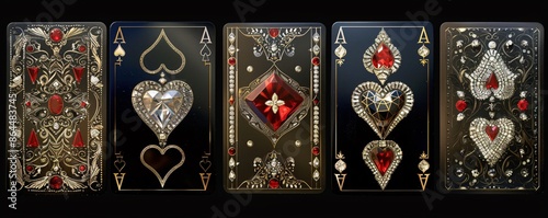 Five spades playing cards with ornate diamond and gold designs are arranged side by side on a black background photo