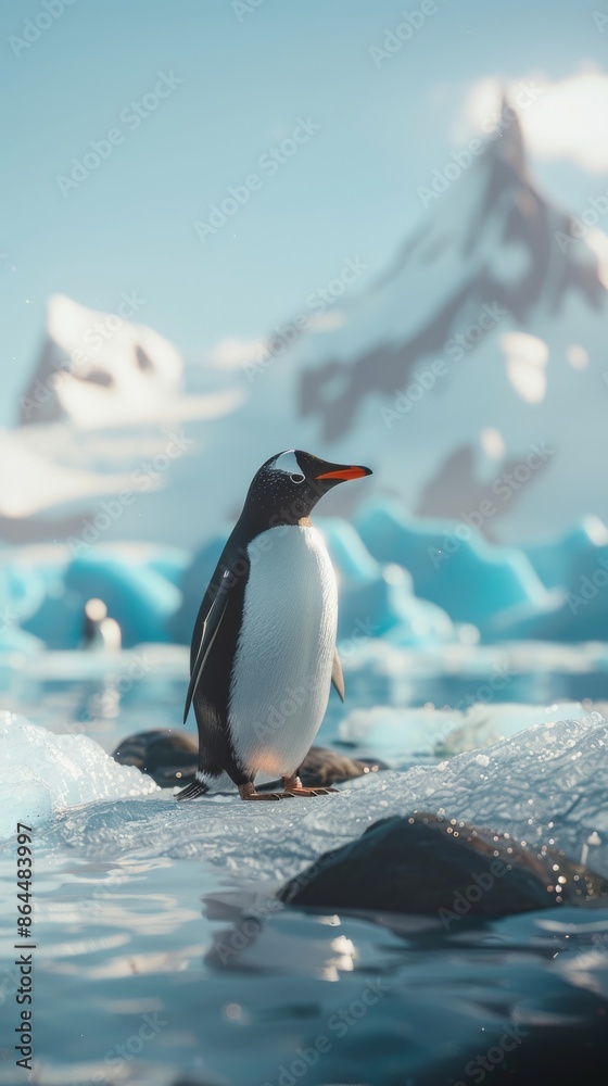 Fototapeta premium Gentoo penguin standing on an icy rock in antarctica, scenic snowy mountain background. Wildlife and nature photography concept