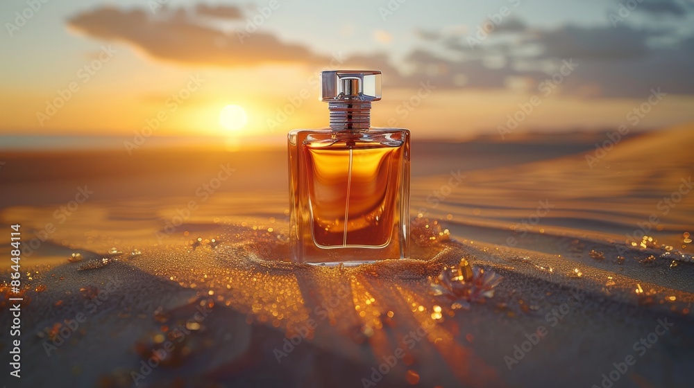 Perfume bottle on sand at sunset, golden hues. Luxury fragrance and nature concept Perfume bottle on sand at sunset, golden hues. Luxury fragrance and nature concept