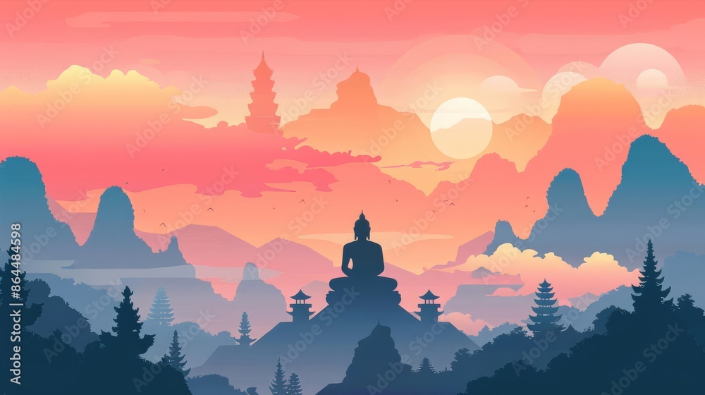 Silhouette of Buddha meditating on a mountaintop at sunset with pagoda in the background. Silhouette of Buddha meditating on a mountaintop at sunset with pagoda in the background.