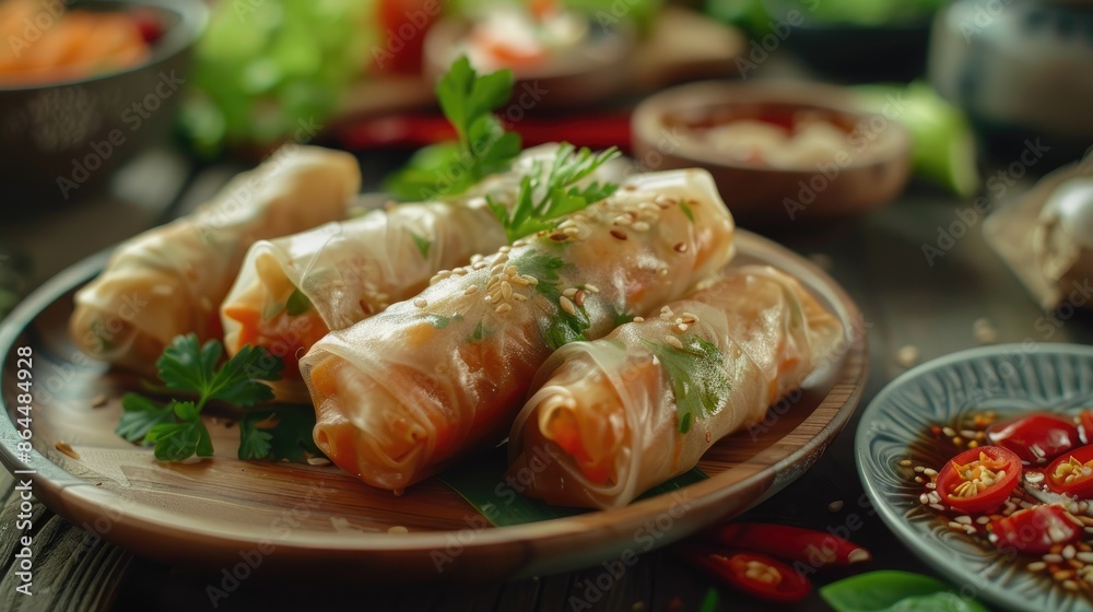 Spring rolls filled with cooked vegetables served with sauces on wooden table