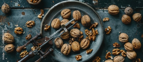 Shelled Walnuts on a Rustic Blue Tabletop With a Nutcracker