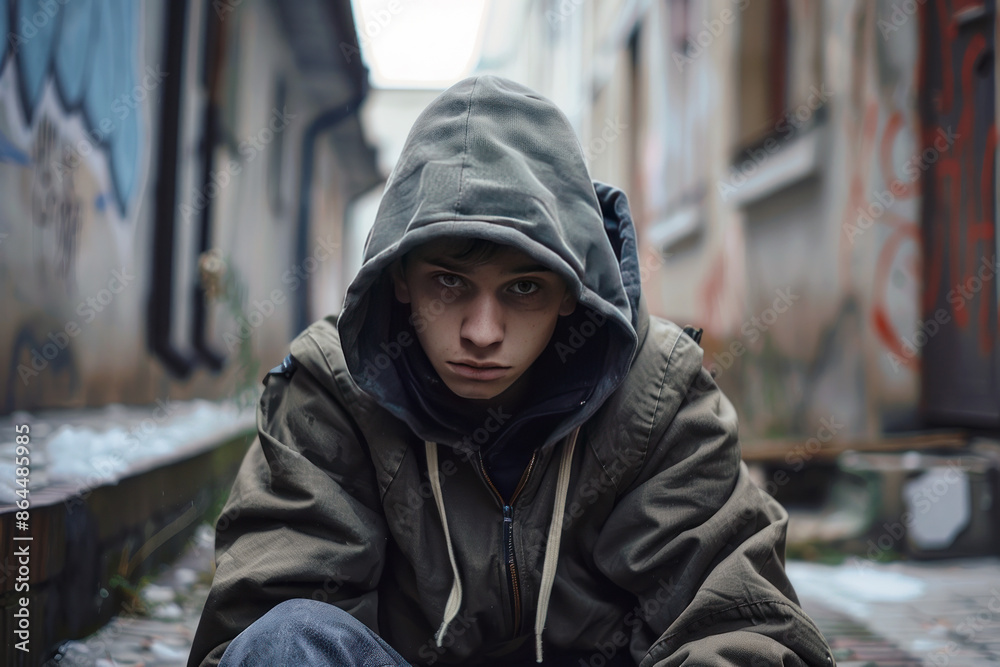 A young person with a serious expression, wearing a hooded jacket, sits in an alley with graffiti-covered walls A young person with a serious expression, wearing a hooded jacket, sits in an alley with graffiti-covered walls