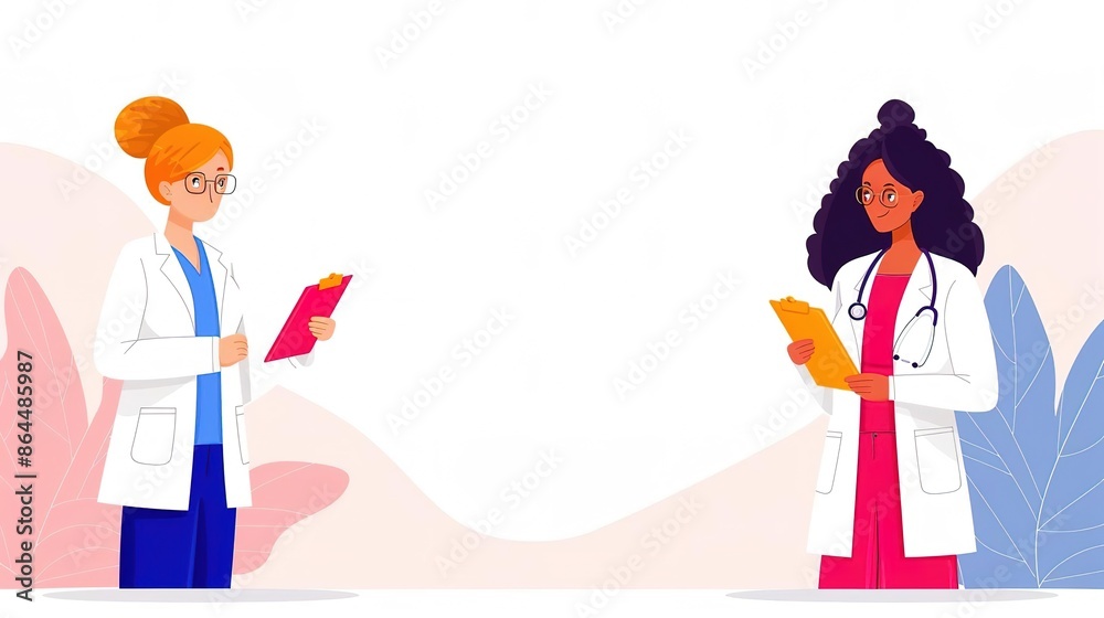 Two female doctors in white coats reviewing medical records. Two female doctors in white coats reviewing medical records.