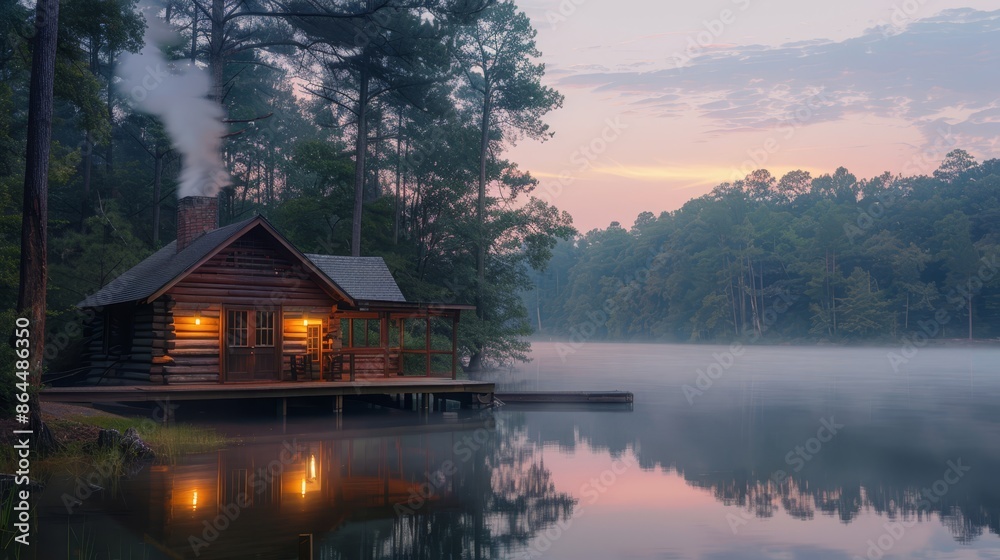 A cabin rests on a dock, framing a body of water Behind it, a cabin is aglow A cabin rests on a dock, framing a body of water Behind it, a cabin is aglow