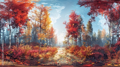  A painting of a forest path with red and yellow trees in the foreground, and a blue sky overhead