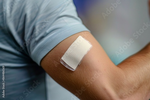 Man displays his arm with a bandage after getting vaccinated
