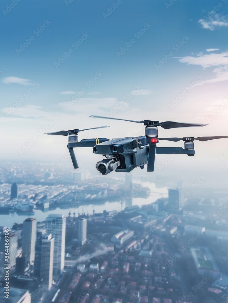 A drone flies high above a city, showcasing its capabilities for aerial photography and videography. Generative AI A drone flies high above a city, showcasing its capabilities for aerial photography and videography. Generative AI