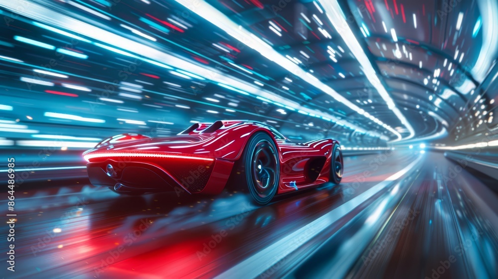 A red sports car drives through a tunnel, accompanied by lights on both sides and at the back A red sports car drives through a tunnel, accompanied by lights on both sides and at the back
