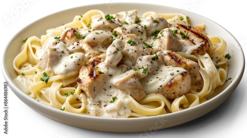  A tight shot of a white-clothed table displaying chicken and noodles on a pristine white plate