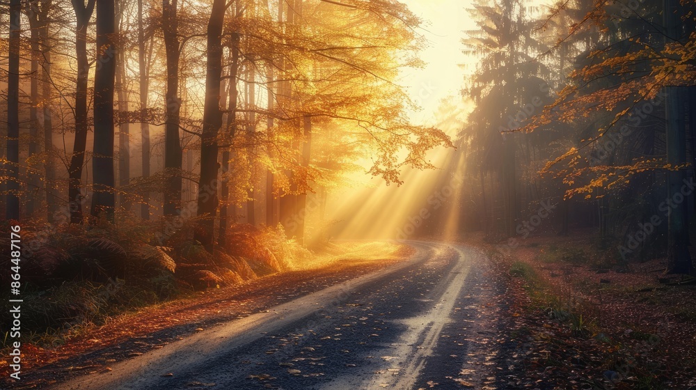 Sunbeams illuminate forest road in autumn morning Sunbeams illuminate forest road in autumn morning