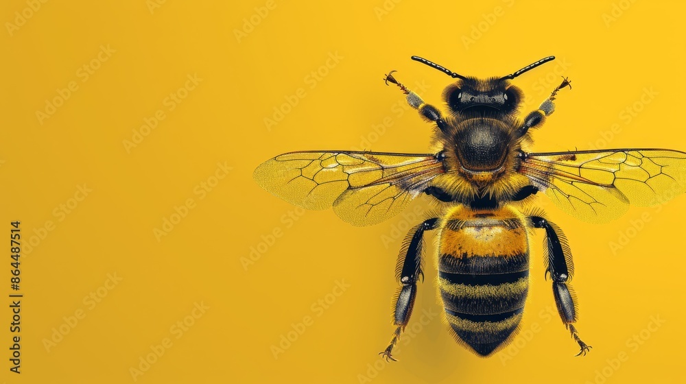 A yellow bee atop a yellow wall Beside it, a black-and-white bee against a yellow backdrop A yellow bee atop a yellow wall Beside it, a black-and-white bee against a yellow backdrop