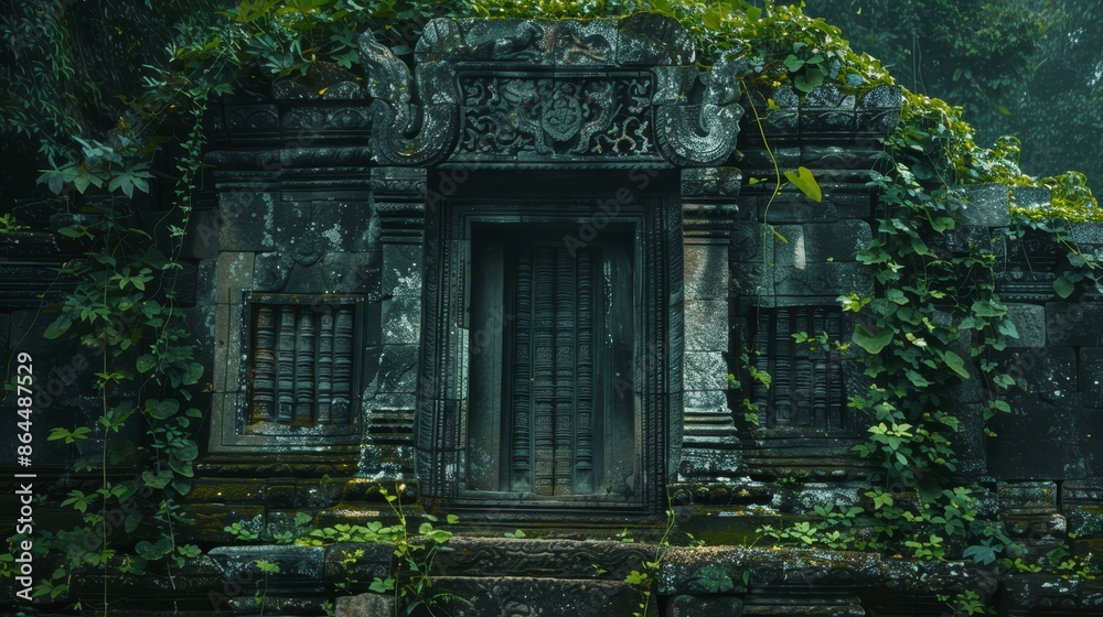 A stone building, its sides covered in vines, features a door in its center Surrounded by lush greenery A stone building, its sides covered in vines, features a door in its center Surrounded by lush greenery