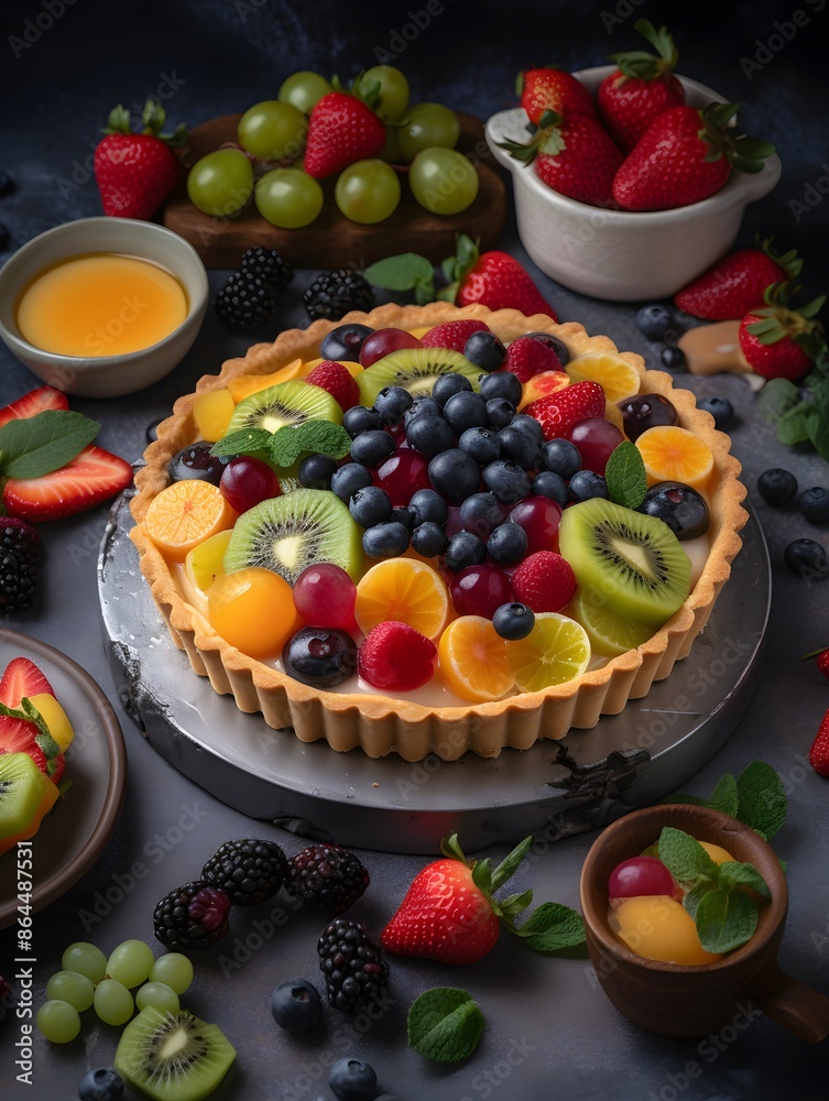 Vibrant Mixed Fruit Tart with Kiwi, Berries, and Peach Glaze. Vibrant Mixed Fruit Tart with Kiwi, Berries, and Peach Glaze.