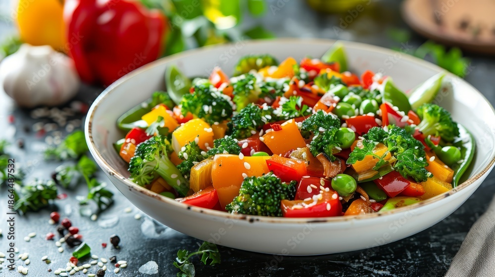  A tight shot of a table-placed bowl brimming with broccoli, peppers, carrots, and sliced bell peppers