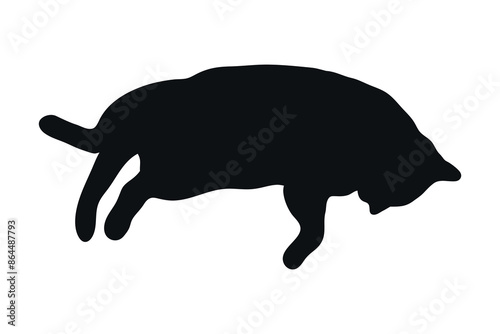 Cute lying cat silhouette isolated on white background. The cat lies belly up. Feline shadow. Vector illustration