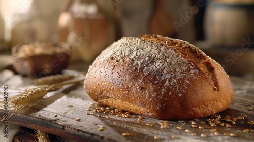 Loaf of homemade, fresh baked cottage rye bread on wooden table