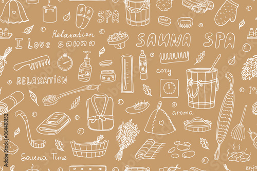 Seamless pattern of sauna and spa theme. Wellness, relaxation, enjoy, joy, bathhouse. Hand drawn. Great for banner, posters, stickers and professional design.  Doodle style. 