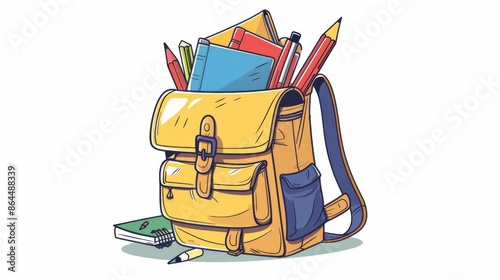 Simple yet effective clip art of a school backpack overflowing with supplies and Welcome Back to School text, set against a white backdrop