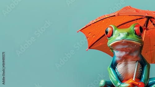  A red umbrella sits atop a frog against a light blue backdrop photo