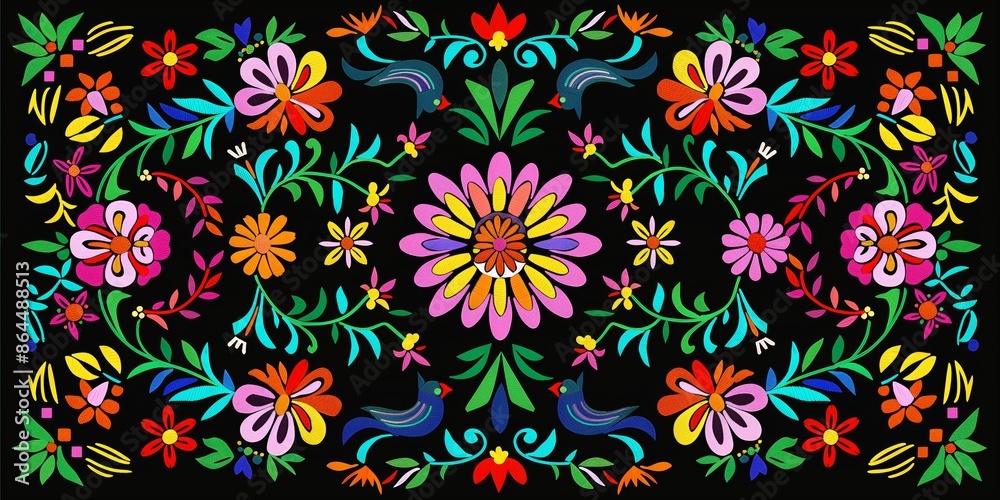 A vibrant and intricate folk art floral pattern set against a black background. This design features an array of colorful flowers and leaves, showcasing detailed embroidery-like textures. A vibrant and intricate folk art floral pattern set against a black background. This design features an array of colorful flowers and leaves, showcasing detailed embroidery-like textures.
