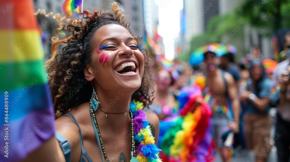 A woman, advocating for LGBTQ+ rights, leads a vibrant parade, smiling and radiating joy and inclusivity. A woman, advocating for LGBTQ+ rights, leads a vibrant parade, smiling and radiating joy and inclusivity.