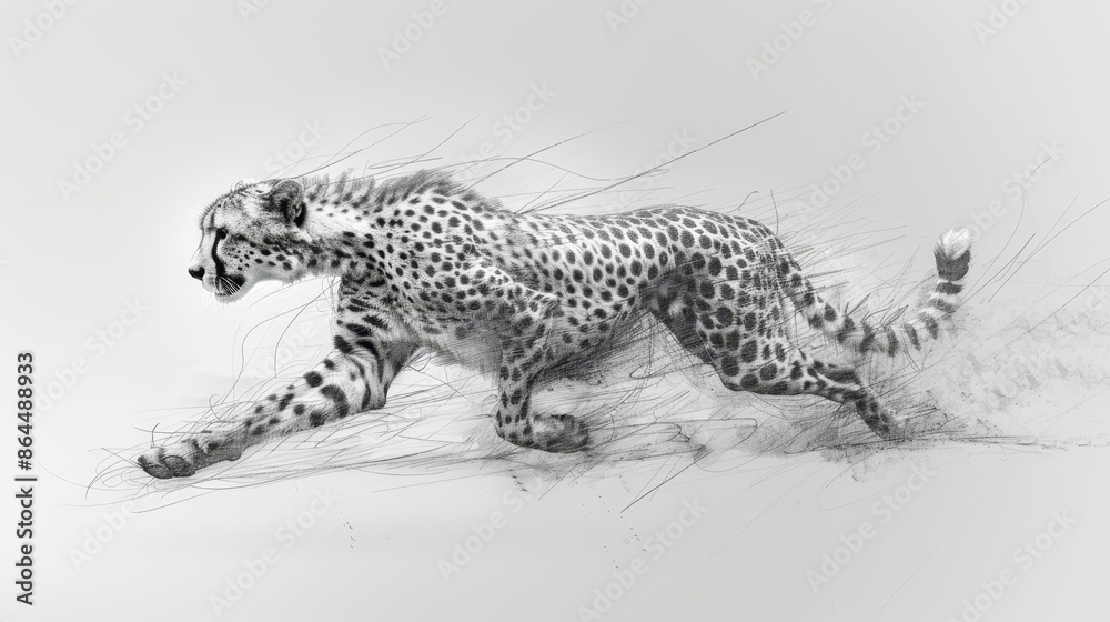 A black-and-white image of a cheetah rushing through the grass, tail elevated A black-and-white image of a cheetah rushing through the grass, tail elevated