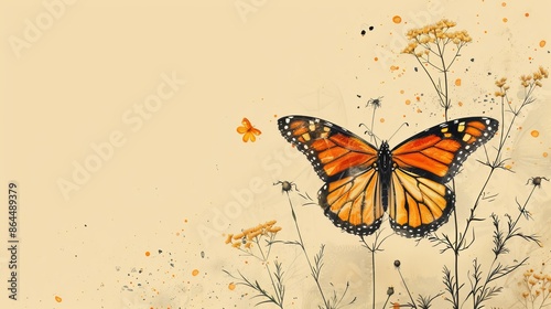  A Monarch butterfly perches atop a flower-laden plant, surrounded by numerous yellow blooms © Jevjenijs