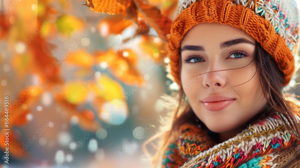 Smiling Woman in Wooly Hat and Colorful Scarf Enjoying Autumn in the Park, Orange Leaves Begind, Copy Space Smiling Woman in Wooly Hat and Colorful Scarf Enjoying Autumn in the Park, Orange Leaves Begind, Copy Space