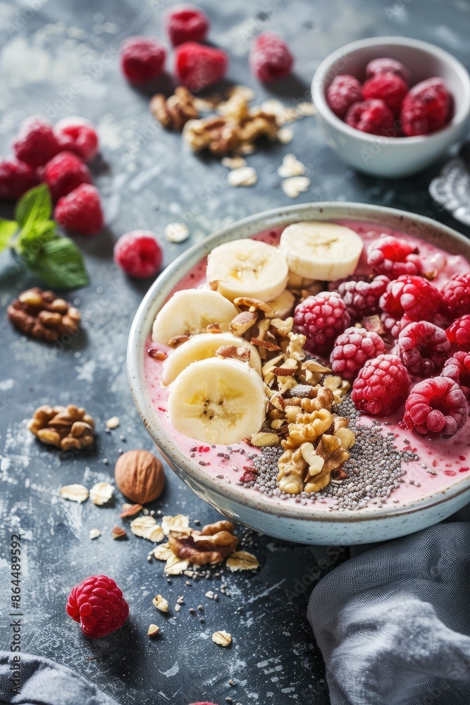yogurt with berries on the table top view. Selective focus