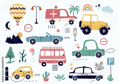 a modern set with hand drawn cars, signs, roads, and a tree. A cartoon element isolated on a white background. for print, children, paper, print. vector illustration in the style of trending art