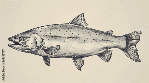 large-mouthed fish with long tail on light background..Or, for a more concise version:..Woodcut: big- photo