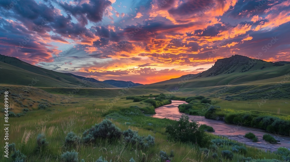 Fototapeta premium A tranquil valley with a winding river beneath a sunset sky, blending nature's beauty and harmony.