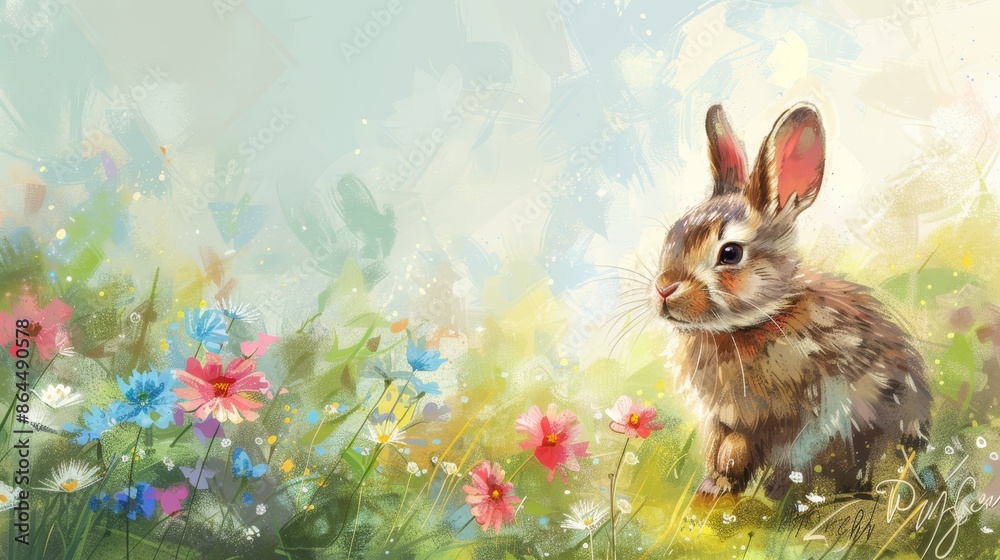 A rabbit in a field of wildflowers and daisies is painted against a backdrop of a blue sky A rabbit in a field of wildflowers and daisies is painted against a backdrop of a blue sky