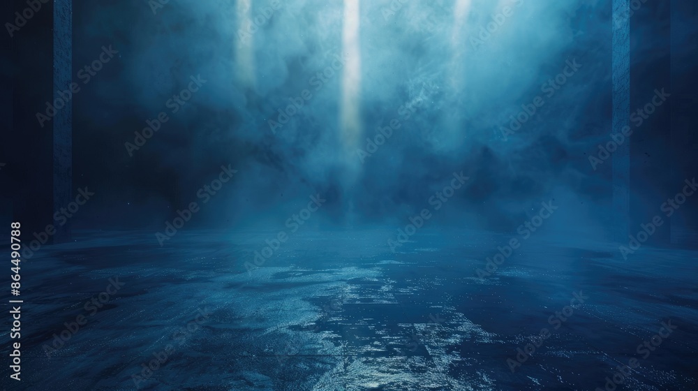 Dark street, wet asphalt, reflections of rays in the water. Abstract dark blue background, smoke, smog. Empty dark scene, neon light, spotlights. Concrete floor Dark street, wet asphalt, reflections of rays in the water. Abstract dark blue background, smoke, smog. Empty dark scene, neon light, spotlights. Concrete floor