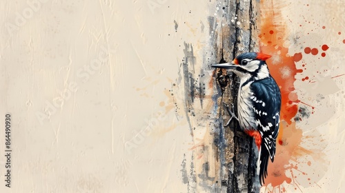  A woodpecker image on wood, dotted with paint splatters photo