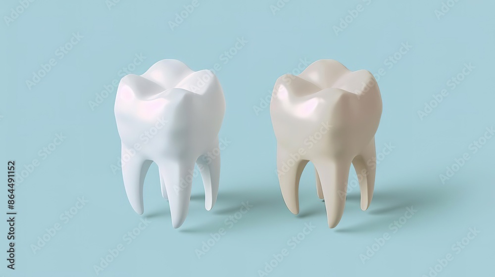 Two teeth, one white and one yellow, isolated on a blue background. Two teeth, one white and one yellow, isolated on a blue background.