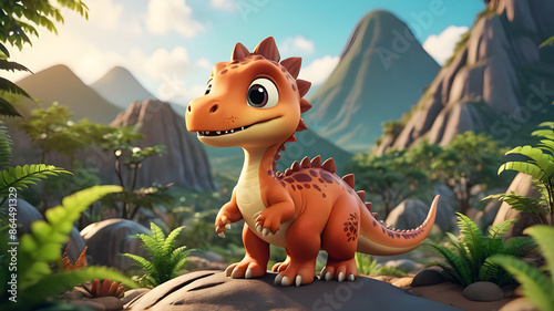 a cute cartoon dinosaur in a prehistoric landscape.