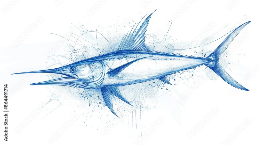 A blue marlin drawing on a white backdrop, featuring a water splash by its side A blue marlin drawing on a white backdrop, featuring a water splash by its side