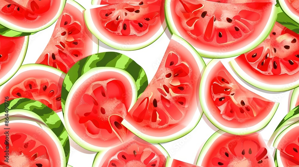 Watermelon slices on a white background with green leaves and more watermelon slices Watermelon slices on a white background with green leaves and more watermelon slices