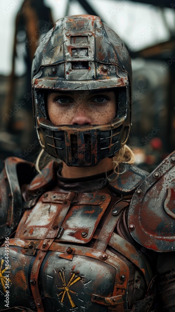 Weathered post-apocalyptic warrior in protective gear Weathered post-apocalyptic warrior in protective gear