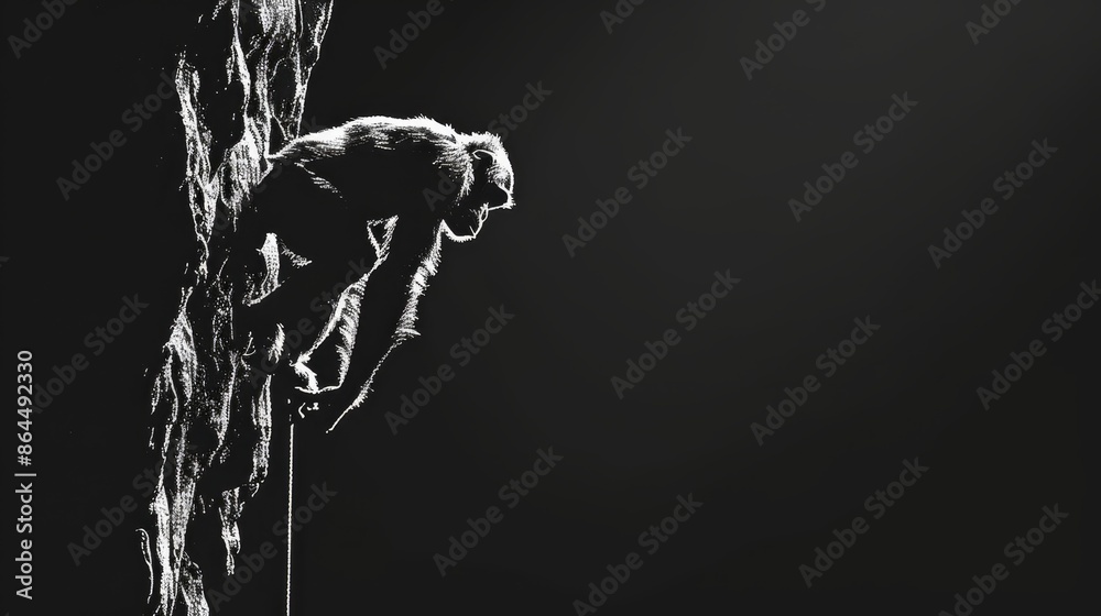 A monochrome image of a man ascending a rock wall, confronting another man in the backdrop A monochrome image of a man ascending a rock wall, confronting another man in the backdrop